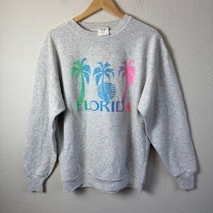 Vintage USA Delta Sweatshirt Mens XL Gray Florida Neon Palm Tree Graphic Crew